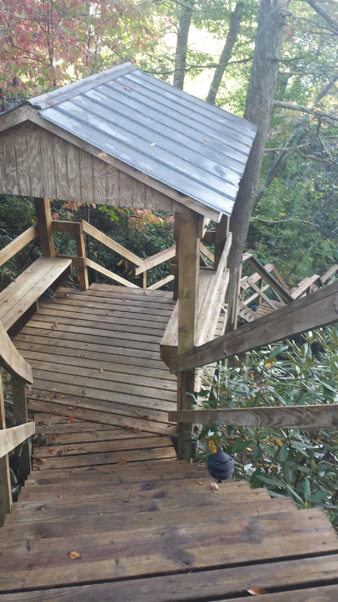 Metal roofed shelter over wooden steps on a wooded walkway — Skylight Repair & Installation work by our crew in Talent